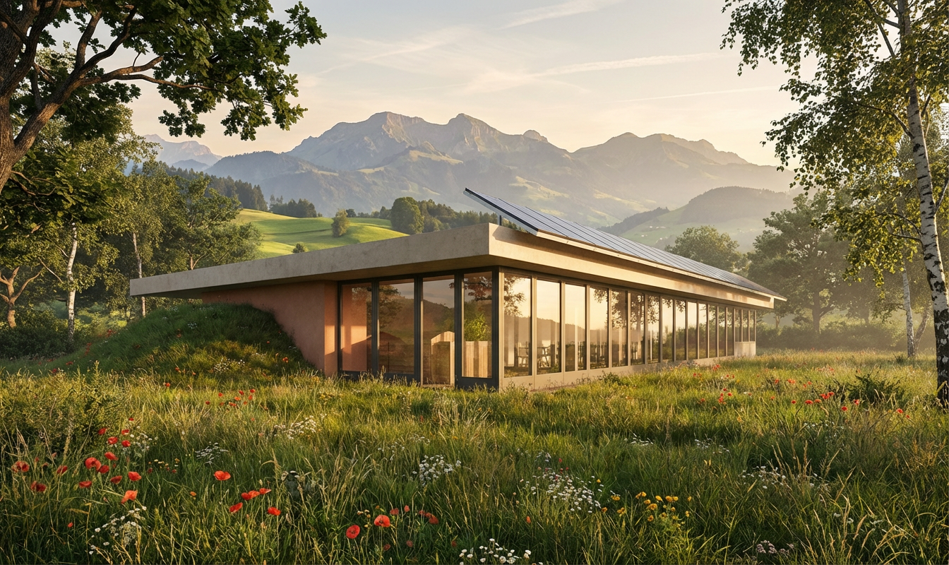 Modernes naturnahes Haus mit Glasfassade und begrüntem Erdwall, eingebettet in eine Schweizer Berglandschaft im warmen Abendlicht